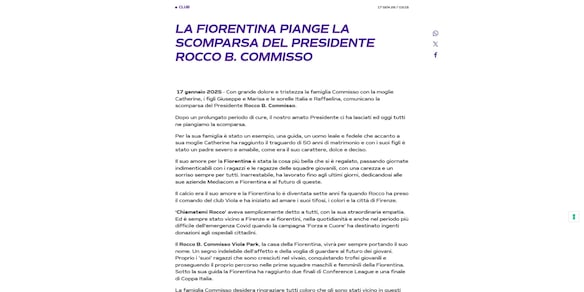 Addio Rocco Commisso, morto il presidente della Fiorentina