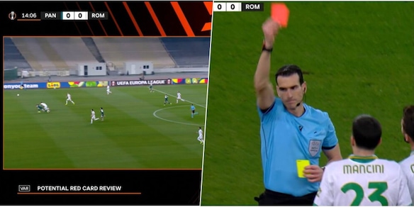 Mancini espulso in Panathinaikos-Roma, Var decisivo: la fotosequenza del fallo