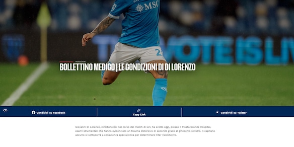 Napoli, Di Lorenzo ko: out tra le 6-8 settimane