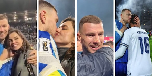 Scoppia a piangere con i genitori, bacia la moglie Amra e abbraccia l'ex compagno Cristante: le foto di Dzeko fanno il giro del mondo