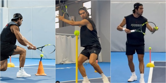 Alcaraz si allena in campo con una speciale racchetta senza corde: ecco il motivo