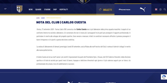 Clamoroso Parma: Cuesta non è più l'allenatore dei gialloblù