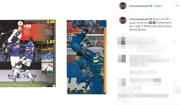 Ronaldo in volo, Materazzi punzecchia: "Bravo Air CR7…quasi come me!"