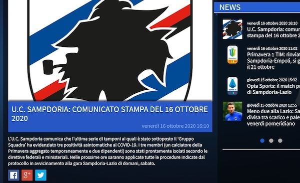 Sampdoria, tre positivi al covid nel gruppo squadra