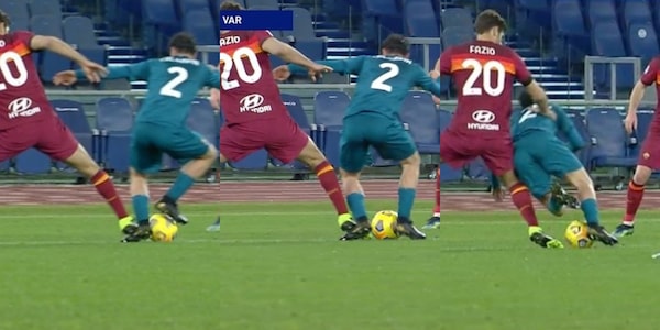 Roma-Milan, il contatto fra Fazio e Calabria: il Var lo richiama e Guida dà il rigore