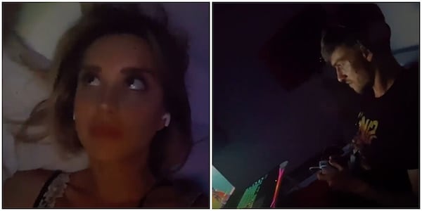 Lady Rugani in canottierina a letto...e lui a giocare ai videogiochi
