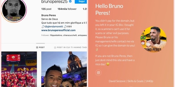 Bruno Peres, scade il dominio del suo sito. Lo compra un ragazzo: "Contattami se lo rivuoi..."