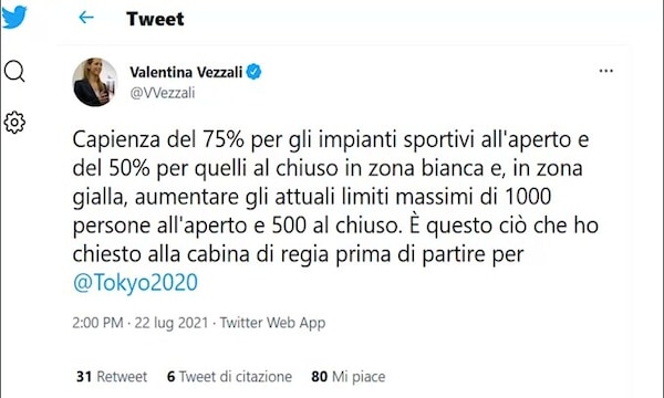 Vezzali: "Capienza del 75% per gli impianti sportivi in zona bianca"