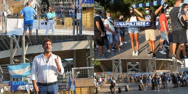 Napoli, l'entusiasmo dei tifosi al Maradona: c'è anche Ciro Ferrara