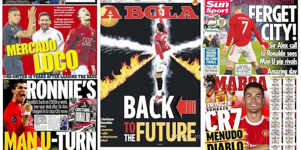 Ronaldo al Manchester United, il "ritorno al futuro" sulle prime pagine