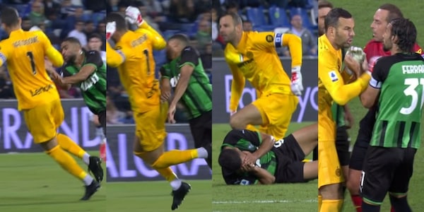 Handanovic esce su Defrel, il Sassuolo chiede l'espulsione: la fotosequenza