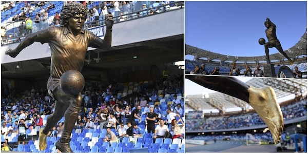 Maradona, festa allo stadio a Napoli: il sinistro della statua è d'oro