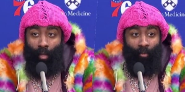 Harden, che look: pelliccia multicolor e cappellino rosa!