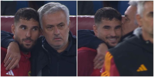 Mourinho e il bacio a Aouar in panchina alla fine di Roma-Lecce