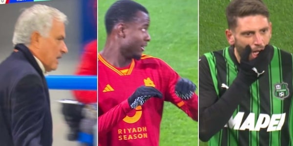 N'Dicka colpisce sul petto Berardi che cade toccandosi la faccia: la reazione di Mourinho