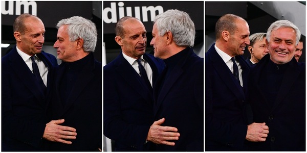 Mourinho e Allegri, abbraccio e dialogo a bordo campo prima di Juve-Roma
