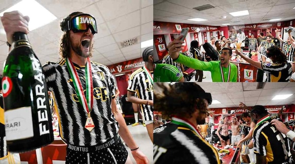 Juve, festa sfrenata nello spogliatoio tra spumante e una maschera da snowboard