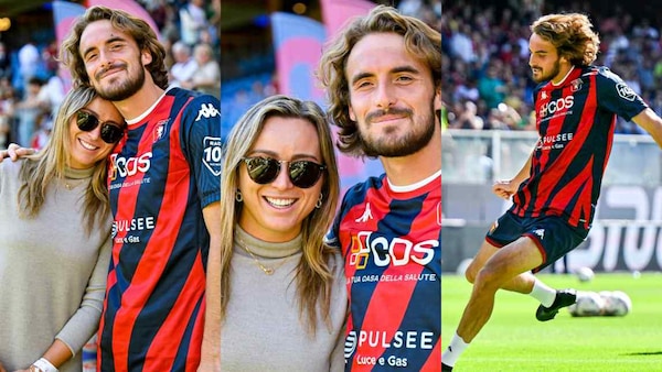 Tsitsipas show con Badosa prima di Genoa-Roma: tiri con la palla da calcio e da tennis