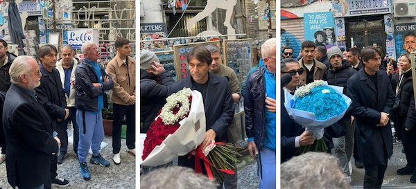 Dai fiori di Adl e Di Lorenzo alla carezza di Conte: l'omaggio da brividi al murales di Maradona