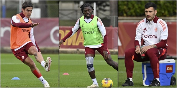 Roma, Koné si allena in gruppo con il tutore. C'è anche Dybala