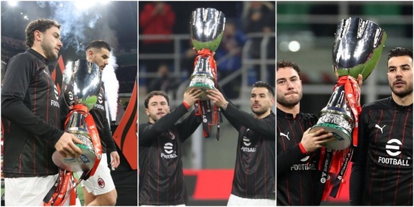 Milan, la Supercoppa è a San Siro: Calabria e Theo mostrano il trofeo ai tifosi, le foto