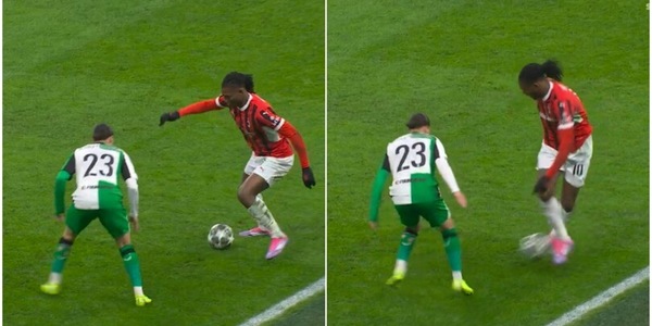 Il dribbling impossibile di Leao durante Milan-Feyenoord: l'avversario resta immobile