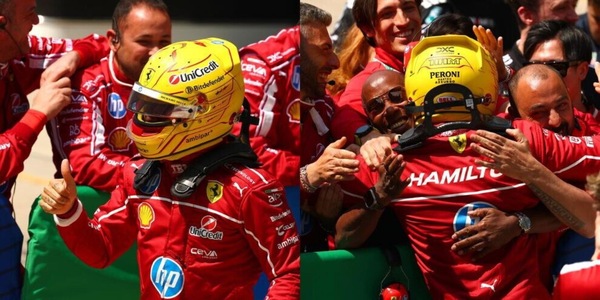 Hamilton trionfa nella Sprint Race e vince per la prima volta con la Ferrari.  L'abbraccio al papà commuove tutti