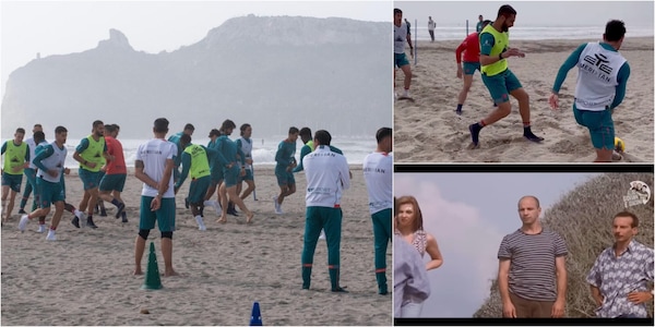 Cagliari, l'allenamento speciale in spiaggia e la citazione di Tre uomini e una gamba