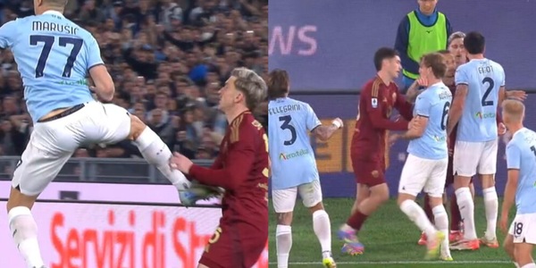 Maxi rissa in campo nel derby dopo uno scontro tra Marusic e Saelemaekers