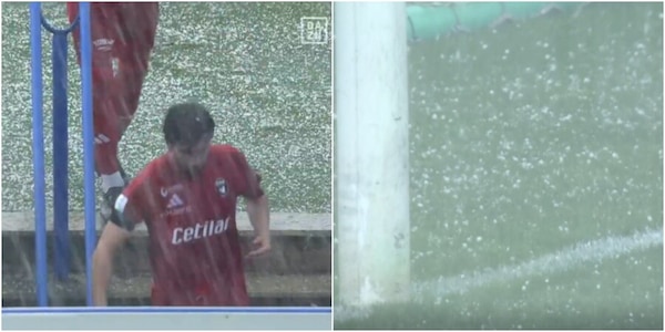 Pazzesca grandinata su Brescia-Pisa: lo stadio Rigamonti diventa una piscina