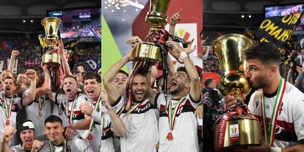 Trionfo Bologna, la festa in campo con la Coppa Italia: giocatori scatenati