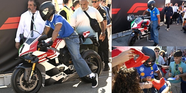 Hamilton, che entrata a Monza: sgomma in Ducati con il casco specchiato!