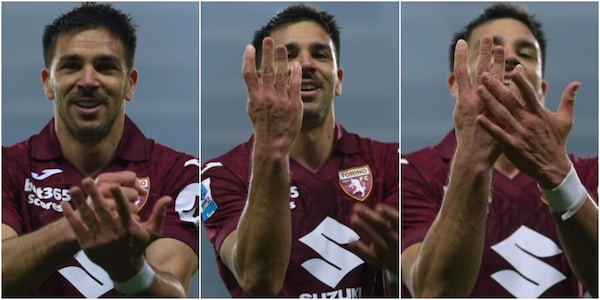 Simeone esulta imitando Sal Da Vinci dopo il gol in Torino-Lazio