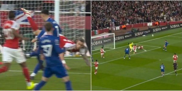 Calafiori, salvataggio clamoroso con la mossa dello scorpione durante Arsenal-Everton: le FOTO