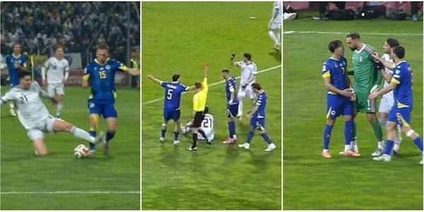 Bastoni, che follia: lascia l'Italia in 10! Espulsione diretta per il fallaccio a Memic. E Donnarumma accende la rissa