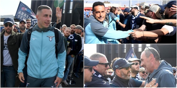 Lazio, la carica dei tifosi a Fiumicino: cori e abbracci per Sarri e la squadra prima dell'Atalanta