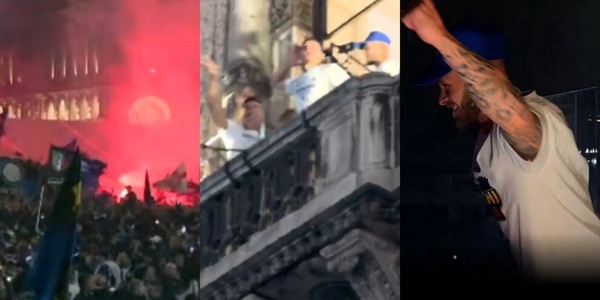 Barella col megafono, Lautaro e Thuram tra cori e sfottó al Milan: la festa dei Campioni con i tifosi