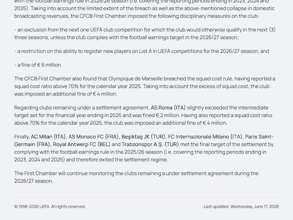 Roma multata dalla Uefa, superati due parametri del Settlement Agreement