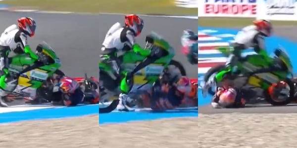 Il pilota viene investito e si rialza come nulla fosse: l'incidente in Moto3 è incredibilmente senza conseguenze