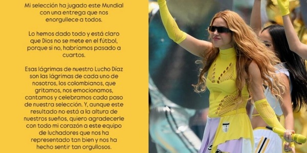 Shakira, messaggio alla Colombia dopo l'eliminazione ai Mondiali: "Le lacrime di Luis Diaz sono le nostre"