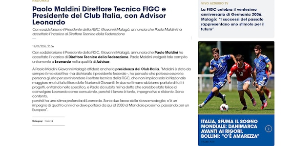 Italia, Maldini dt e presidente del Club Italia con Leonardo advisor: è ufficiale