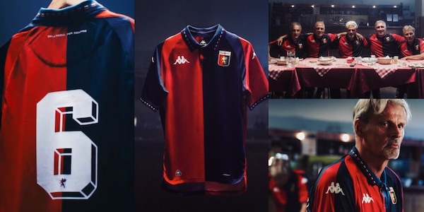 Bortolazzi, Ferroni, Ruotolo, Skuhravy e Torrente con la nuova maglia del Genoa per il 35° anniversario della storica impresa di Anfield