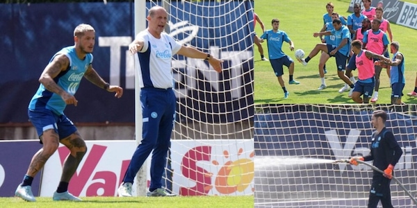 Napoli in campo: Allegri prova i piazzati e Meret innaffia
