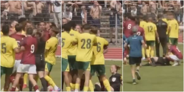 Follia in amichevole, rissa furiosa e arbitra lanciata a terra: le immagini shock dal campo