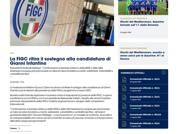 Presidenza Fifa 2027, la Figc ritira il sostegno alla candidatura di Infantino