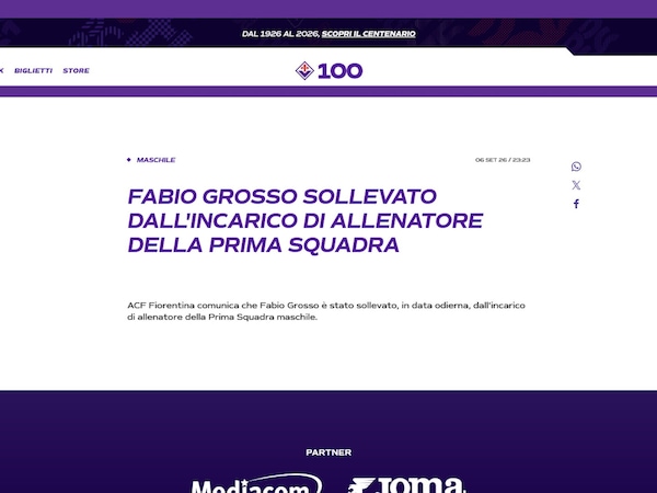 La Fiorentina esonera Grosso: arriva l'annuncio ufficiale