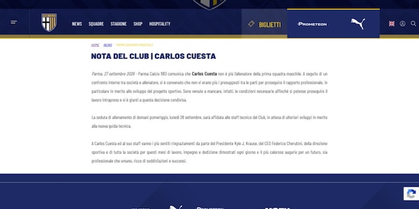 Clamoroso Parma: Cuesta non è più l'allenatore dei gialloblù
