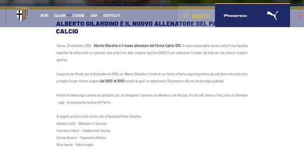 Parma, ufficiale: Alberto Gilardino è il nuovo allenatore