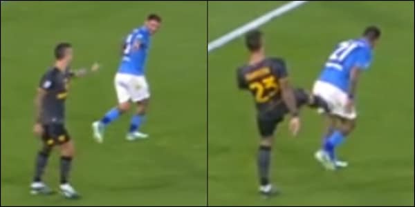 Mancini e Politano, il calcetto e il sorriso: cosa è successo prima del vantaggio del Napoli

