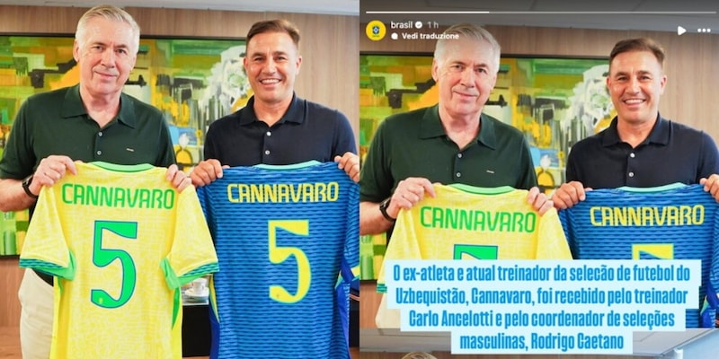 Ancelotti, che incontro con Cannavaro a Rio de Janeiro: in regalo due maglie personalizzate del Brasile